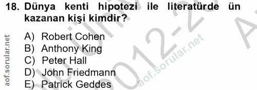 18. soru: Dünya kenti hipotezi ile literatürde ün kazanan kişi kimdir? A) Robert Cohen B) Anthony King C) Peter Hall D) John Fr…