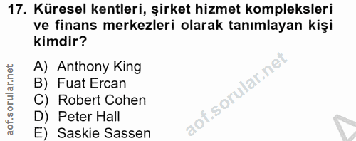 17. soru: Küresel kentleri, şirket hizmet kompleksleri ve finans merkezleri olarak tanımlayan kişi kimdir? A) Anthony King B) F…