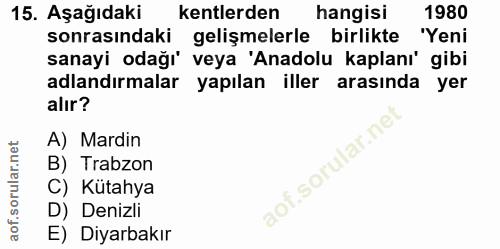 15. soru: Aşağıdaki kentlerden hangisi 1980 sonrasındaki gelişmelerle birlikte "Yeni sanayi odağı' veya 'Anadolu kaplanı' gibi…
