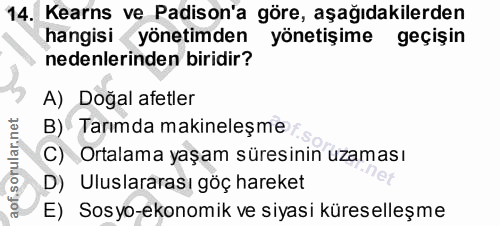 14. soru: Kearns ve Padison'a göre, aşağıdakilerden hangisi yönetimden yönetişime geçişin nedenlerinden biridir? A) Doğal afetl…
