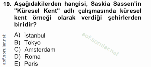 19. soru: Aşağıdakilerden hangisi, Saskia Sassen'in "Küresel Kent" adlı çalışmasında küresel kent örneği olarak verdiği şehirle…