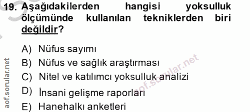 19. soru: Aşağıdakilerden hangisi yoksulluk olçümünde kullanılan tekniklerden biri değildir? A) Nüfus sayımı B) Nüfus ve sağlık…