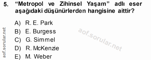 5. soru: "Metropol ve Zihinsel Yaşam" adlı eser aşağıdaki düşünürlerden hangisine aittir? A) R. E. Park B) E. Burgess C) G. Si…