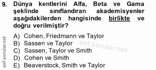 9. soru: Dünya kentlerini Alfa, Beta ve Gama şeklinde sınıflandıran akademisyenler aşağıdakilerden hangisinde birlikte ve doğr…