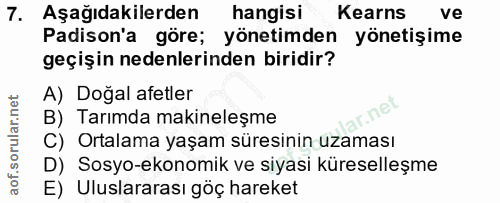 7. soru: Aşağıdakilerden hangisi Kearns ve Padison'a göre; yönetimden yönetişime geçişin nedenlerinden biridir? A) Doğal afetl…