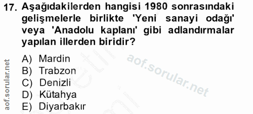 17. soru: Aşağıdakilerden hangisi 1980 sonrasındaki gelişmelerle birlikte "Yeni sanayi odağı' veya 'Anadolu kaplanı' gibi adlan…