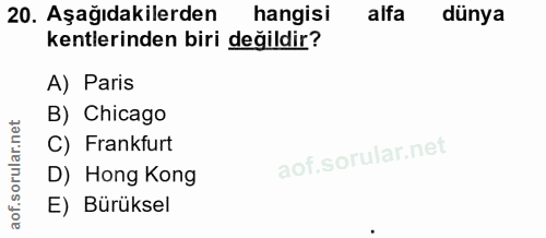20. soru: Aşağıdakilerden hangisi alfa dünya kentlerinden biri değildir? A) Paris B) Chicago C) Frankfurt D) Hong Kong E) Bürüksel