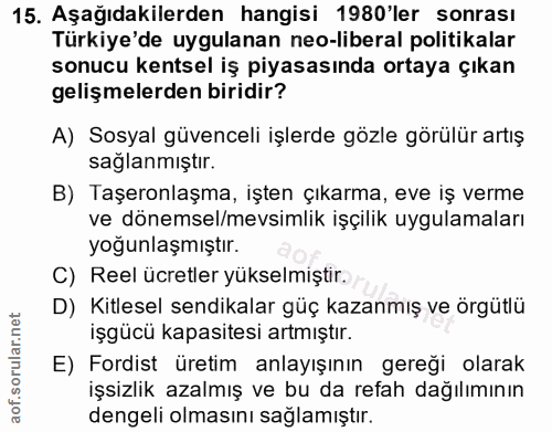 15. soru: Aşağıdakilerden hangisi 1980'ler sonrası Türkiye'de uygulanan neo-liberal politikalar sonucu kentsel iş piyasasında o…
