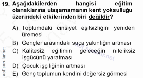 19. soru: Aşağıdakilerden hangisi eğitim olanaklarına ulaşamamanın kent yoksulluğu üzerindeki etkilerinden biri değildir? A) To…
