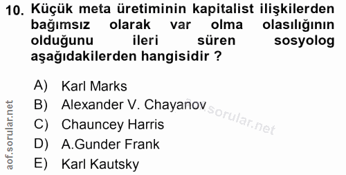 10. soru: Küçük meta üretiminin kapitalist ilişkilerden bağımsız olarak var olma olasıliğının olduğunu ileri süren sosyolog aşa…