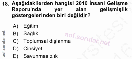 18. soru: Aşağıdakilerden hangisi 2010 İnsani Gelişme Raporu'nda yer alan gelişmişlik göstergelerinden biri değildir? A) Eğitim…