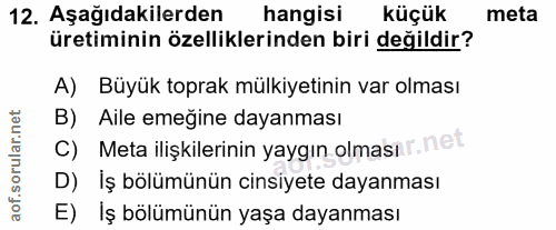 12. soru: Aşağıdakilerden hangisi küçük meta üretiminin özelliklerinden biri değildir? A) Büyük toprak mülkiyetinin var olması…