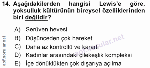14. soru: Aşağıdakilerden hangisi Lewis'e göre, yoksulluk kültürünün bireysel özelliklerinden biri değildir? A) Serüven hevesi…
