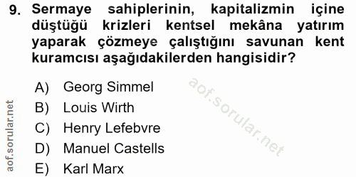 9. soru: Sermaye sahiplerinin, kapitalizmin içine düştüğü krizleri kentsel mekâna yatırım yaparak çözmeye çalıştığını savunan…