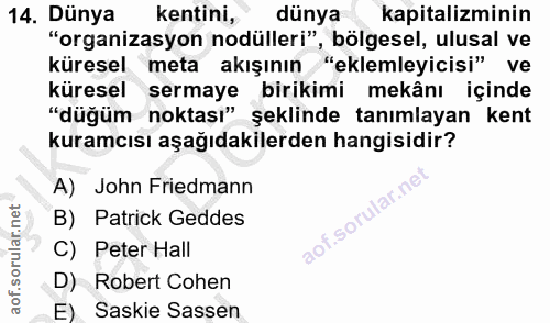 14. soru: Dünya kentini, dünya kapitalizminin "organizasyon odülleri", bölgesel, ulusal ve küresel meta akışının "eklemleyicisi…