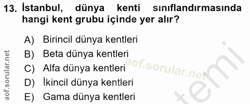 13. soru: İstanbul, dunya kenti sınıflandırmasında hangi kent grubu içinde yer alır? A) Birincil dünya kentleri B) Beta dünya k…