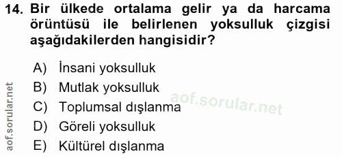 14. soru: Bir ülkede ortalama gelir ya da harcama örüntüsü ile belirlenen yoksulluk çizgisi aşağıdakilerden hangisidir? A) Insa…