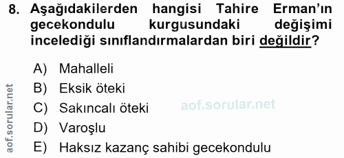8. soru: Aşağıdakilerden hangisi Tahire Erman'ın gecekondulu kurgusundaki değişimi incelediği sınıflandırmalardan biri değildi…