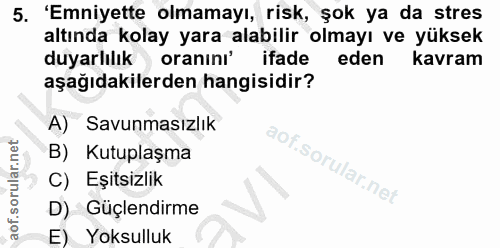 5. soru: 'Emniyette olmamayı, risk, şok ya da stres altında kolay yara alabilir olmayı ve yüksek duyarlılık oranını' ifade ede…