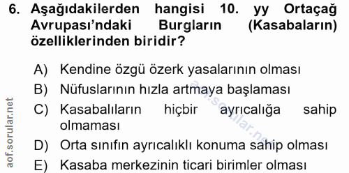 6. soru: Aşağıdakilerden hangisi 10. yy Ortaçağ Avrupası'ndaki Burgların (Kasabaların) özelliklerinden biridir? A) Kendine özg…