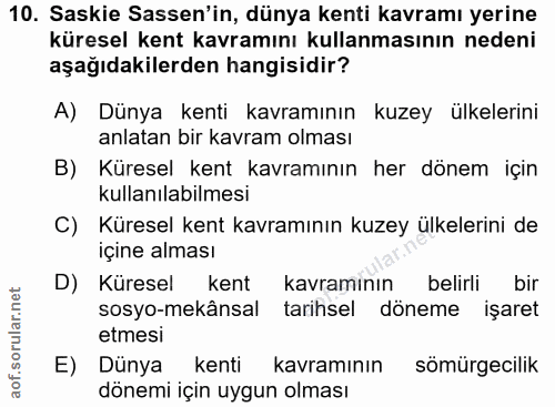 10. soru: Saskie Sassen'in, dünya kenti kavramı yerine küresel kent kavramını kullanmasının nedeni aşağıdakilerden hangisidir?…