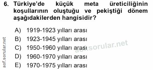 6. soru: Türkiye'de küçük meta üreticiliğinin koşullarının oluştuğu ve pekiştiği dönem aşağıdakilerden hangisidir? A) 1919-192…