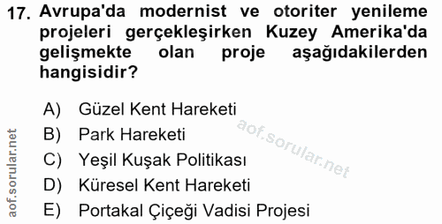 17. soru: Avrupa'da modernist ve otoriter yenileme projeleri gerçekleşirken Kuzey Amerika'da gelişmekte olan proje aşağıdakiler…