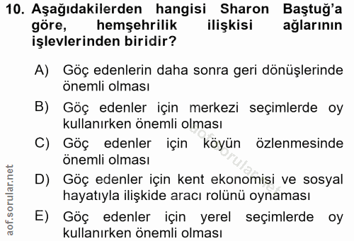 10. soru: Aşağıdakilerden hangisi Sharon Baştuğ'a göre, hemşehrilik ilişkisi ağlarının işlevlerinden biridir? A) Göç edenlerin…