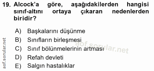 19. soru: Alcock'a göre, aşağıdakilerden hangisi sınif-altını ortaya çıkaran nedenlerden biridir? A) Başkalarını düşünme B) Sın…