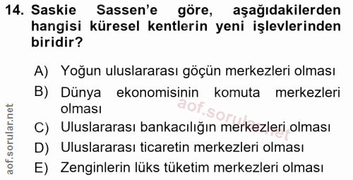 14. soru: Saskie Sassen'e göre, aşağıdakilerden hangisi küresel kentlerin yeni işlevlerinden biridir? A) Yoğun uluslararası göç…