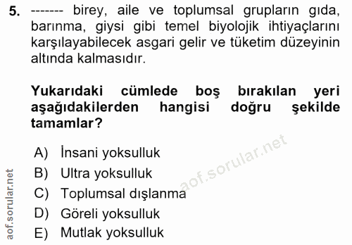 5. soru: ----- birey, aile ve toplumsal grupların gıda, barınma, giysi gibi temel biyolojik ihtiyaçlarını karşılayabilecek asg…