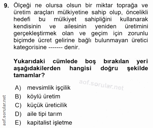9. soru: Ölçeği ne olursa olsun bir miktar toprağa ve üretim araçları mülkiyetine sahip olup, öncelikli hedefi bu mülkiyet sah…