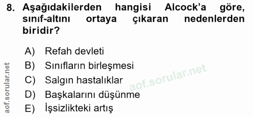 8. soru: Aşağıdakilerden hangisi Alcock'a göre, sınif-altını ortaya çıkaran nedenlerden biridir? A) Refah devleti B) Sınıfları…