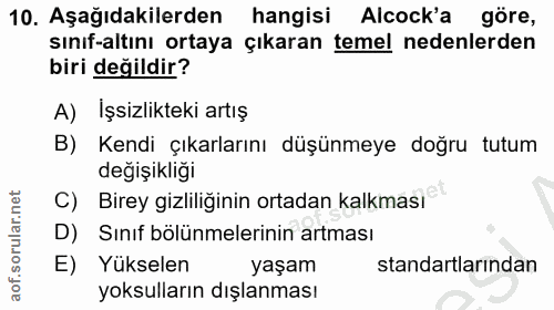 10. soru: Aşağıdakilerden hangisi Alcock'a göre, sınıf-altını ortaya çıkaran temel nedenlerden biri değildir? A) İşsizlikteki a…
