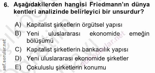 6. soru: Aşağıdakilerden hangisi Friedmann'ın dünya kentleri analizinde belirleyici bir unsurdur? A) Kapitalist şirketlerin ör…