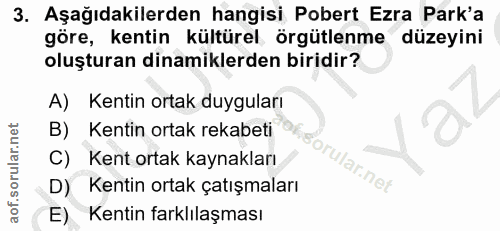 3. soru: Aşağıdakilerden hangisi Pobert Ezra Park'a göre, kentin kültürel, örgütlenme düzeyini oluşturan dinamiklerden biridir…