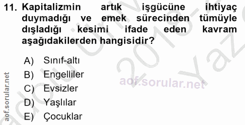 11. soru: Kapitalizmin artık işgücüne ihtiyaç duymadığı ve emek sürecinden tümüyle dışladığı kesimi ifade eden kavram aşağıdaki…