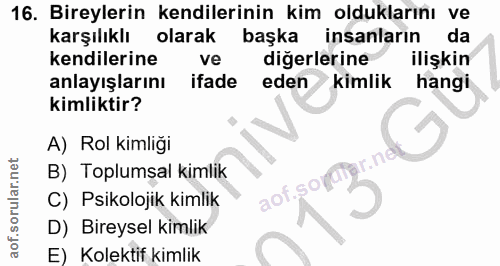 16. soru: Bireylerin kendilerinin kim olduklarını ve karşılıklı olarak başka insanların da kendilerine ve diğerlerine ilişkin a…