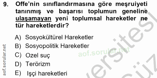 9. soru: Offe'nin sınıflandırmasına göre meşruiyeti tanınmış ve başarısı toplumun geneline ulaşamayan yeni toplumsal hareketle…
