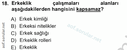 18. soru: Erkeklik çalışmaları alanları aşağıdakilerden hangisini kapsamaz? A) Erkek kimliği B) Erkeksi nitelikler C) Erkek sağ…