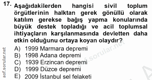 17. soru: Aşağıdakilerden hangisi sivil toplum örgütlerinin halktan gerek gönüllü olarak katılım gerekse bağış yapma konularınd…