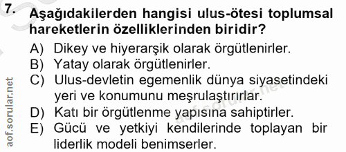 7. soru: Aşağıdakilerden hangisi ulus-ötesi toplumsal hareketlerin özelliklerinden biridir? A) Dikey ve hiyerarşik olarak örgü…