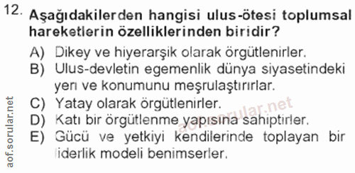 12. soru: Aşağıdakilerden hangisi ulus-ötesi toplumsal hareketlerin özelliklerinden biridir? A) Dikey ve hiyerarşik olarak örgü…
