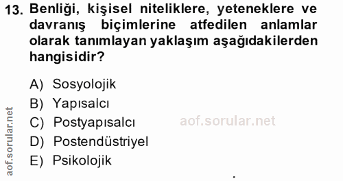 13. soru: Benliği, kişisel niteliklere, yeteneklere ve davranış biçimlerine atfedilen anlamlar olarak tanımlayan yaklaşım aşağı…
