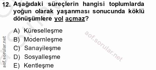 12. soru: Aşağıdaki süreçlerin hangisi toplumlarda yoğun olarak yaşanması sonucunda köklü dönüşümlere yol açmaz? A) Küreselleşm…