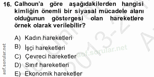 16. soru: Calhoun'a göre aşağıdakilerden hangisi kimliğin önemli bir siyasal mücadele alanı olduğunun göstergesi olan hareketle…