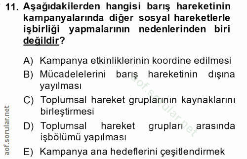 11. soru: Aşağıdakilerden hangisi barış hareketinin kampanyalarında diğer sosyal hareketlerle işbirliği yapmalarının nedenlerin…