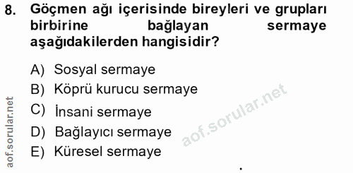 8. soru: Göçmen ağı içerisinde bireyleri ve grupları birbirine bağlayan sermaye aşağıdakilerden hangisidir? A) Sosyal sermaye…