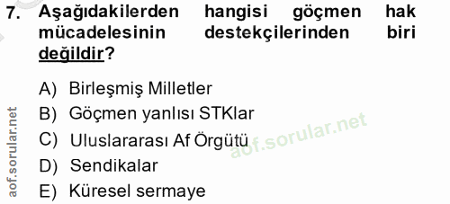 7. soru: Aşağıdakilerden hangisi göçmen hak mücadelesinin destekçilerinden biri değildir? A) Birleşmiş Milletler B) Göçmen yan…
