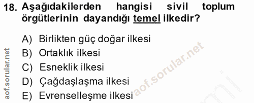 18. soru: Aşağıdakilerden hangisi sivil toplum örgütlerinin dayandığı temel ilkedir? A) Birlikten güç doğar ilkesi B) Ortaklık…